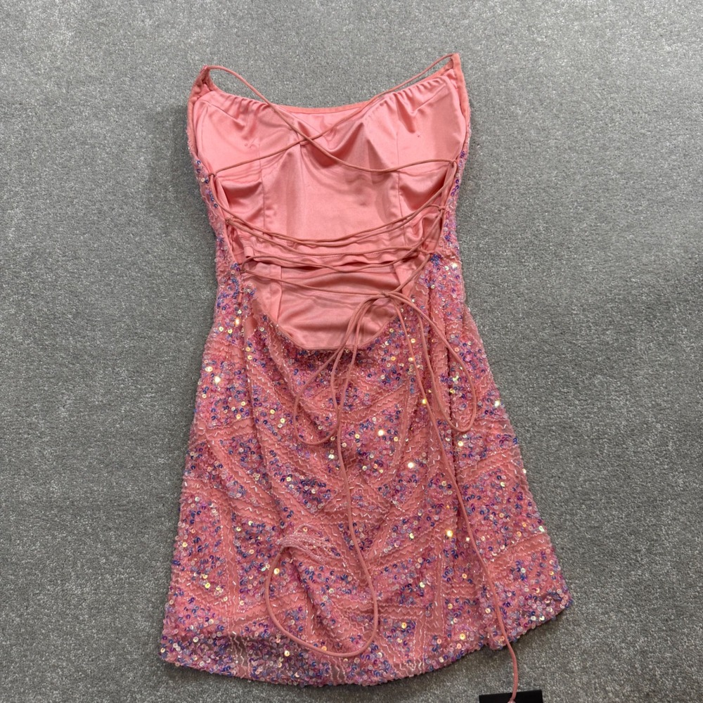 Aleta 777 Sequin Beaded Lace Up Back Mini Dress Bubblegum Pink 10 Prom Cocktail - Picture 6 of 16